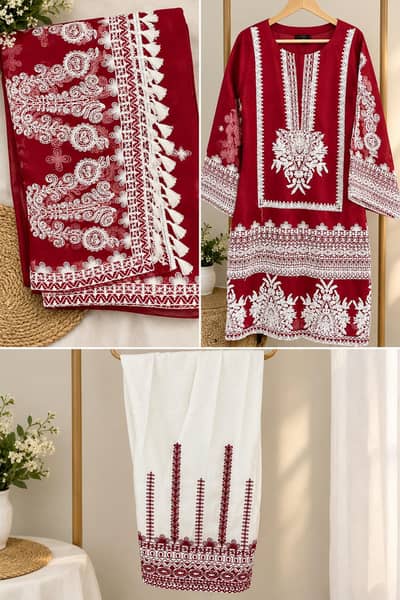 Maroon & White Embroidered 3-Piece Party Wear Suit with Dupatta