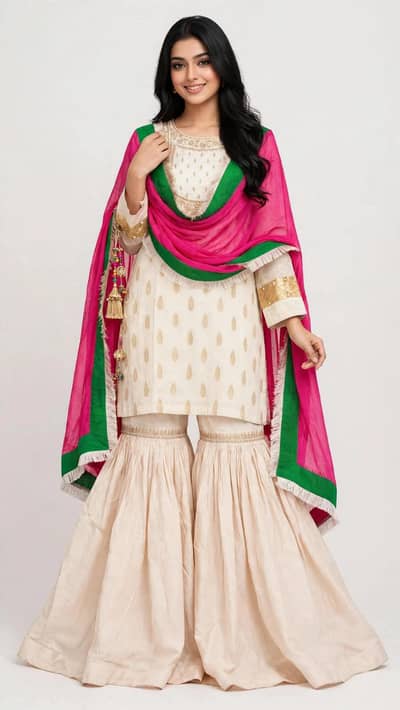 Elegant Cream Sharara Suit with Pink & Green Dupatta