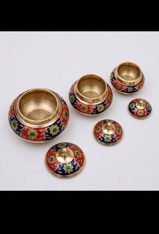 Pure Brass Storage Pot | Brass DryFruit Box | Golden Brass Storage Pot | Multicolor Brass Box Set | Handmade Brass Pot