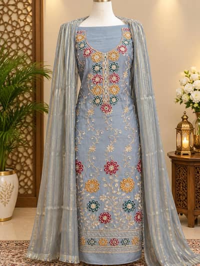 Heavy Embroidered Fancy 3-Piece Unstitched Suit (6 Colors)