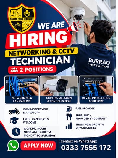 Burraq Cyber Solutions is hiring 2 motivated candidates for networking