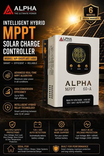 ALPHA MPPT 60A Digital Display – 12V/24V Solar Battery Controller