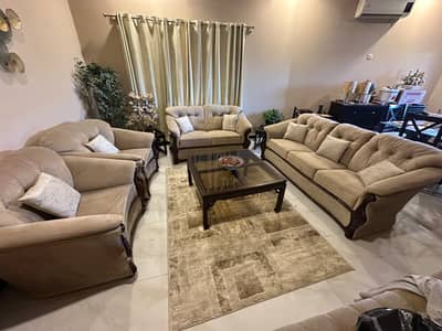 Elegant Beige Tufted Sofa Set  (7) with Wooden Trim