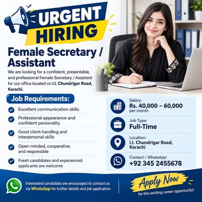 Female Secretary / Assistant | Female Secretary | Jobs in Karachi