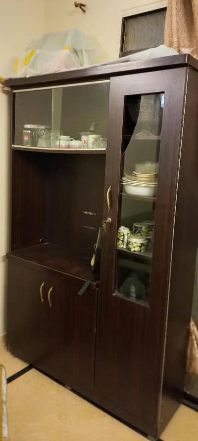 Wooden Crockery Cabinet / Showcase with Glass Doors - Dark Brown