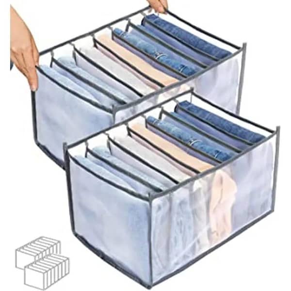T  7 Grids Washable Wardrobe Clothes Organizer Jeans Compartment Storage Box, Clothes Drawer Mesh Separation Box, Portable Foldable Closet (Medium, white&black)