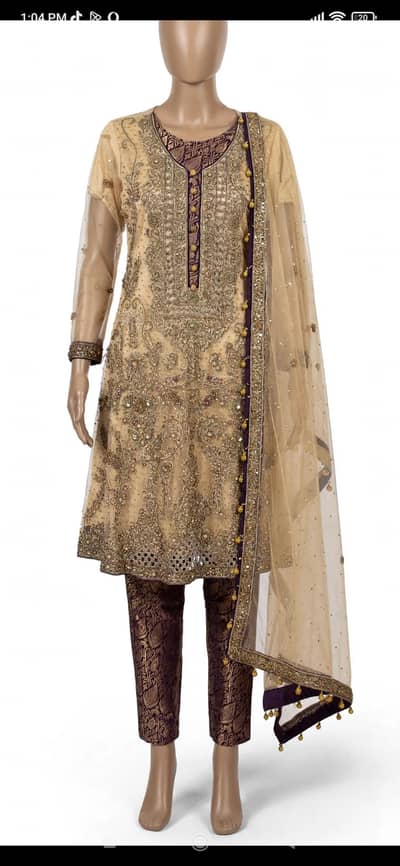 Skin heavy embroidered net frock with purple  jamawar trouser