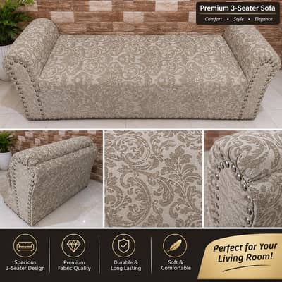 Beige 2-Seater Sofa with Elegant Pattern & Studded Arms