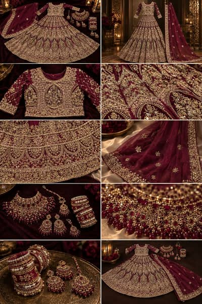 Maroon and golden bridal lehanga with jewellery