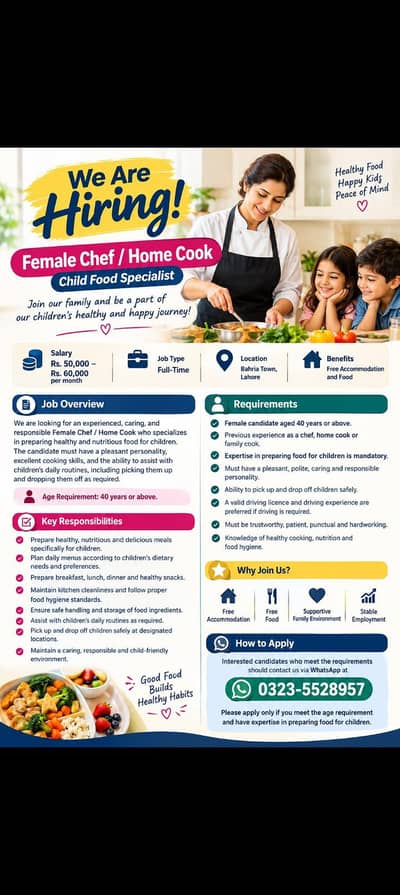 Need female chef (under age of 35-40) prepare meal for kids