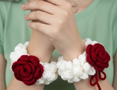 Handmade Crochet Rose Wrist Cuffs - White & Red - Pair - For Girls