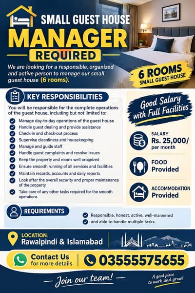Small Guest House Manager | male Job | Islamabad Rawalpindi