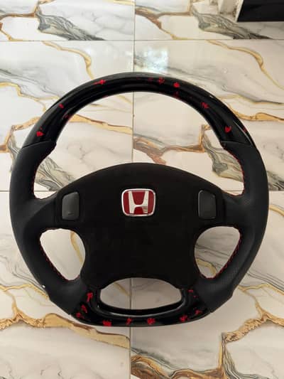 Honda Steering Wheel - Premium Leather & Red Carbon Finish