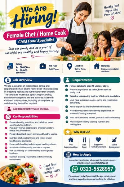 Need female chef( age35-40) who can ready meal for kids