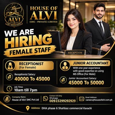 Female Receptionist Required / Acountant Required / Male Female Jobs