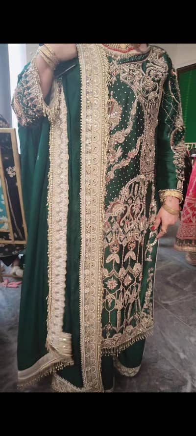 bottle green heavy embroided silk fabrics 3pice suit