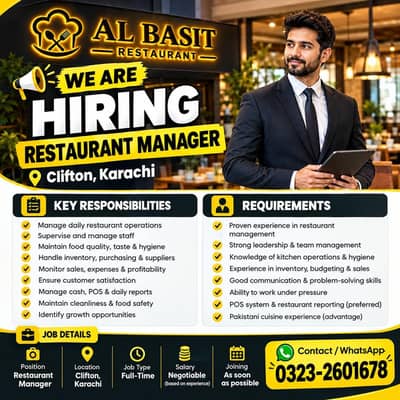 Restaurant Manager Required  Manager Job  Clifton Karachi