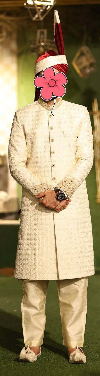 Premium Groom Sherwani with Suit & Khula | off white | Kora Dabka Work