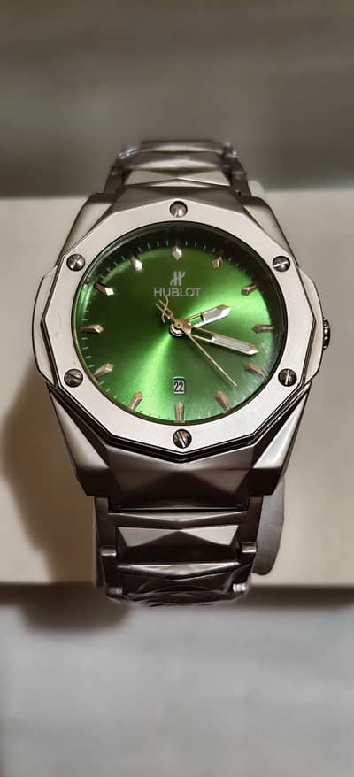 Luxury Octagon Silver Watch with Shiny Green Dial (3 in 1 Combo)