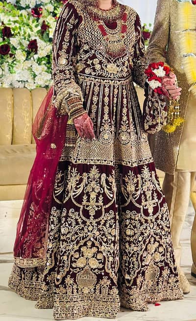 Deep red Velvet Heavy Bridal Lehenga for Sale