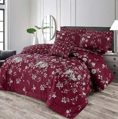 Premium Cotton Salonica 7-Pc Maroon Floral Comforter Set - Double Bed