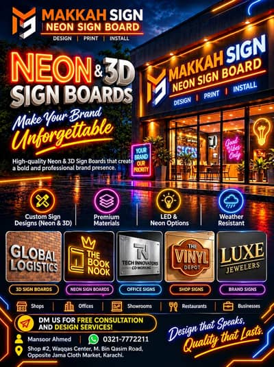 Neon & 3D Sign Board Making | Custom Design, Printing & Installation K