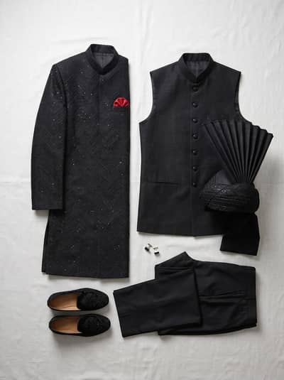 Elegant Jet Black Designer Sherwani & Prince Coat Complete Set for Sa