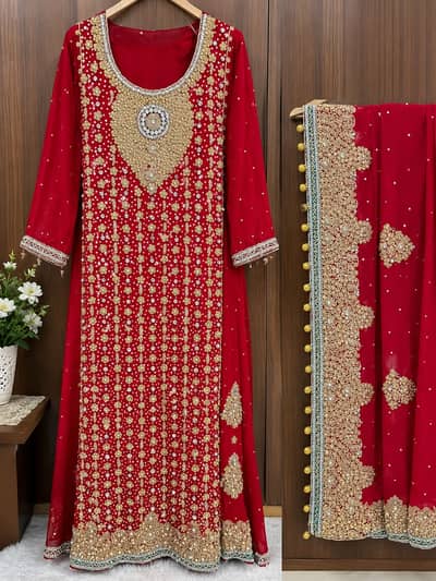 3-Piece Designer Red Bridal Maxi Set (Maxi, Dupatta & Pajama) | Once U