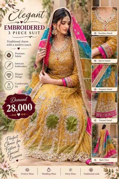 Beautiful Mustard Yellow Embroidered 3-Piece Suit with Multico