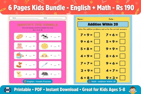 6page kids worksheets pdf - 2 english and 4 math sheets printable pdf