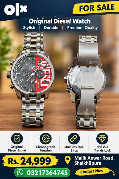 Diesel Men's Stylish Chronograph Watch with Stainless Steel Chain