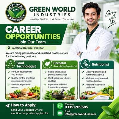 Food Technologist , Herbalist , Nutritionist Required / Jobs in Karach