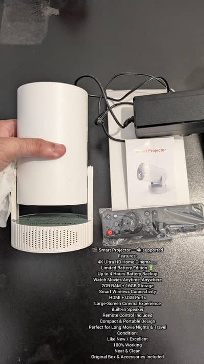 Smart Portable Projector – 4K Supported - Rechargeable & Speakers