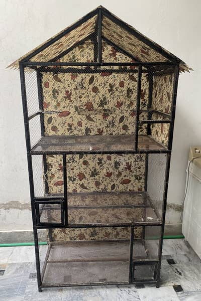 Big Metal Bird Cage with House Roof & 3 Portions – Good Condition
