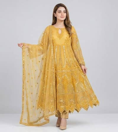 Yellow Mirror-Work Net Dress (3 pcs)
