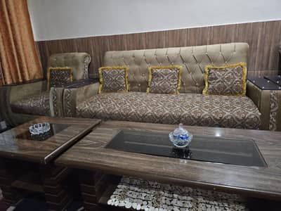 SOFA SET WITH THREE GLASS TABLES