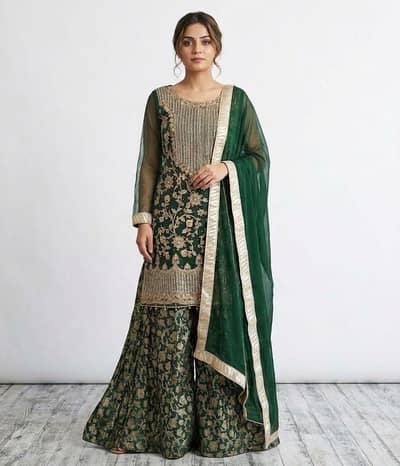 Green Chiffon Shirt and Plaso formal Dress (3 pcs)