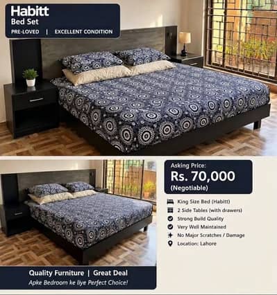 • Habitt King Size Bed Set with 2 Side Tables – Excellent Condition
