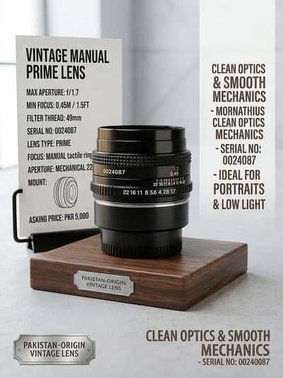 Complete Vintage 50mm f/1.7 Manual Lens with Adapter & Caps