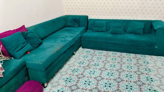 7 Seater Corner Sofa Set with 3 Ottomans | Green Velvet