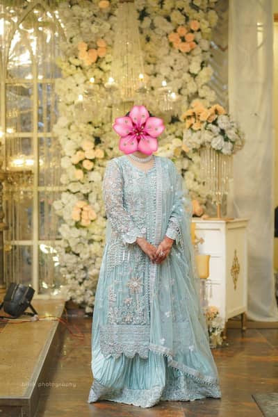 Beautiful Ice Blue Net Party Dress with Handwork & Flared Skirt