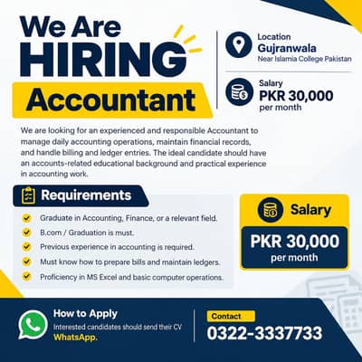 Accountant Required | Male & Female Jobs | Accounts Jobs (Gujranwala)