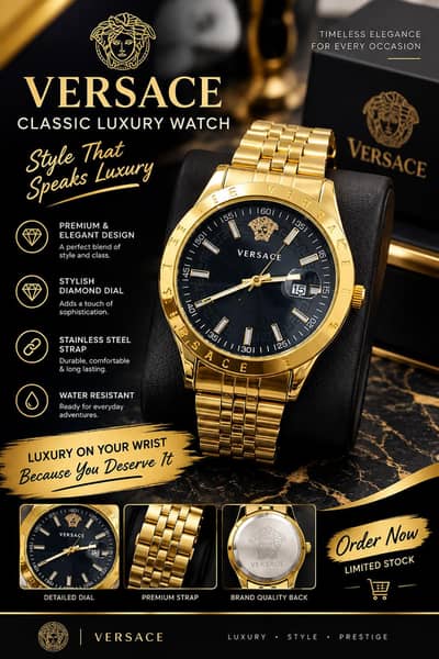 Versace Classic Luxury Gold Watch for Men Description: