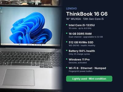 Lenovo ThinkBook 16 G6 | i5 13th Gen | 16GB DDR5 | 512GB | 25 Cycles