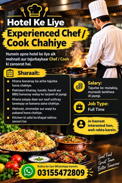Job Title: Hotel Ke Liye Experienced Chef / Cook Chahiye