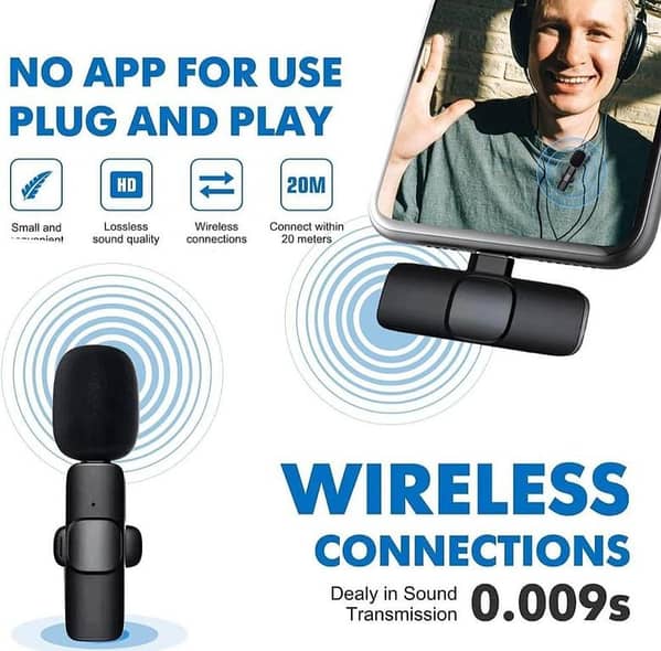 K8 Professional 3-in-1 Wireless Lavalier Microphone for iPhone (iOS Lightning), Android (Type-C & Micro USB) - Universal Plug & Play Mini Collar Mic for Vlogging, Live Streaming, YouTube, Video Recording & Interviews