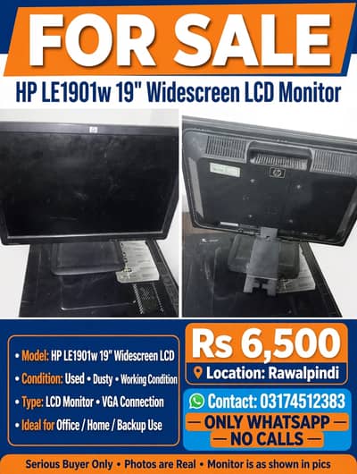 HP LE1901w 19 Inch Widescreen Monitor - 1440x900 - Working Condition -