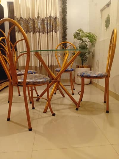 Premium Metallic Dining Table with 4 Chairs & Glass Top