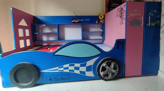 Kids Wooden Racing Car Bed with Wardrobe – Space-Saving Double Bed