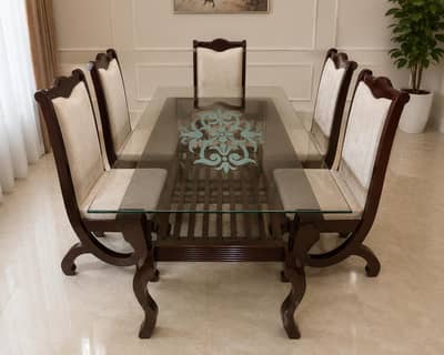 used mirror dinning table with 6 wooden chairs